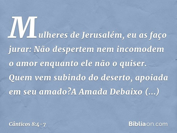 Mulheres de Jerusalém, eu as faço jurar:
Não despertem nem incomodem o amor
enquanto ele não o quiser. Quem vem subindo do deserto,
apoiada em seu amado?A Amada