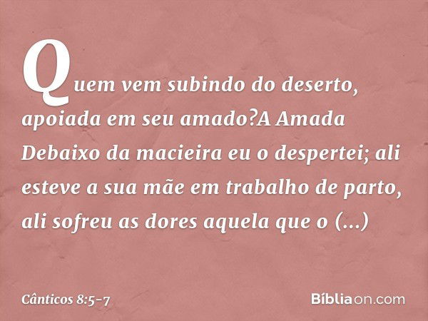 Quem vem subindo do deserto,
apoiada em seu amado?A Amada
Debaixo da macieira eu o despertei;
ali esteve a sua mãe em trabalho de parto,
ali sofreu as dores aqu