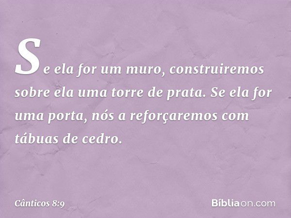 Se ela for um muro,
construiremos sobre ela
uma torre de prata.
Se ela for uma porta,
nós a reforçaremos com tábuas de cedro. -- Cânticos 8:9