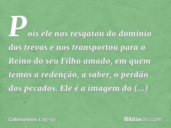 Pois ele nos resgatou do domínio das trevas e nos transportou para o Reino do seu Filho amado, em quem temos a redenção, a saber, o perdão dos pecados. Ele é a 