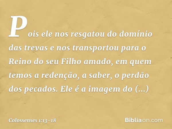 Pois ele nos resgatou do domínio das trevas e nos transportou para o Reino do seu Filho amado, em quem temos a redenção, a saber, o perdão dos pecados. Ele é a 