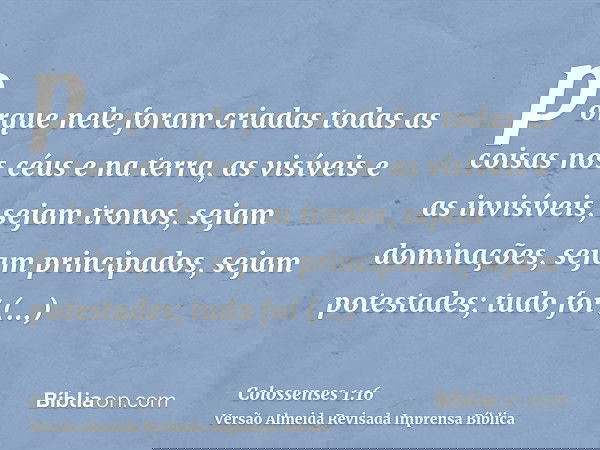 porque nele foram criadas todas as coisas nos céus e na terra, as visíveis e as invisíveis, sejam tronos, sejam dominações, sejam principados, sejam potestades;