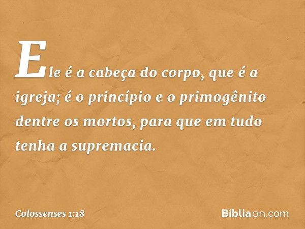 Ele é a cabeça do corpo,
que é a igreja;
é o princípio e o primogênito
dentre os mortos,
para que em tudo tenha a supremacia. -- Colossenses 1:18