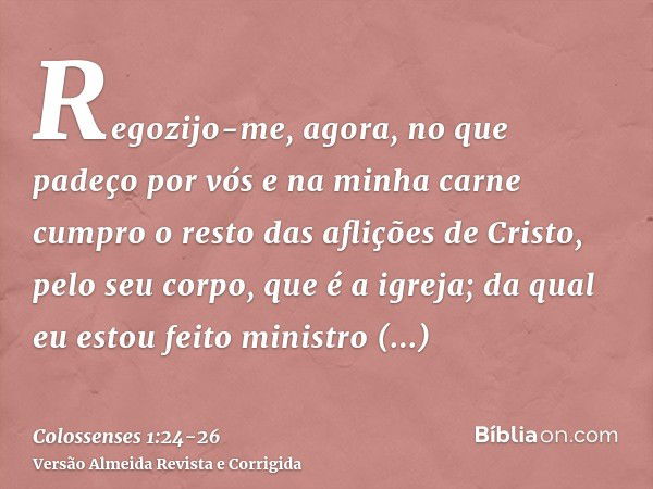 Regozijo-me, agora, no que padeço por vós e na minha carne cumpro o resto das aflições de Cristo, pelo seu corpo, que é a igreja;da qual eu estou feito ministro