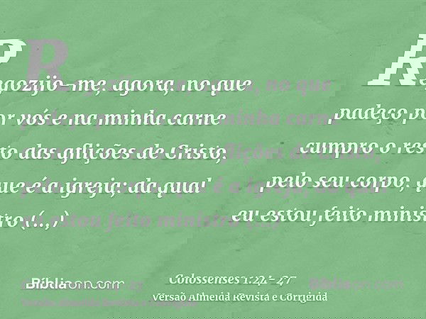 Regozijo-me, agora, no que padeço por vós e na minha carne cumpro o resto das aflições de Cristo, pelo seu corpo, que é a igreja;da qual eu estou feito ministro