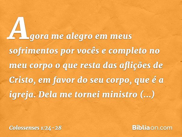 Agora me alegro em meus sofrimentos por vocês e completo no meu corpo o que resta das aflições de Cristo, em favor do seu corpo, que é a igreja. Dela me tornei 