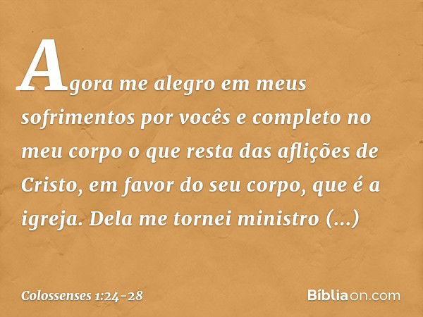 Agora me alegro em meus sofrimentos por vocês e completo no meu corpo o que resta das aflições de Cristo, em favor do seu corpo, que é a igreja. Dela me tornei 