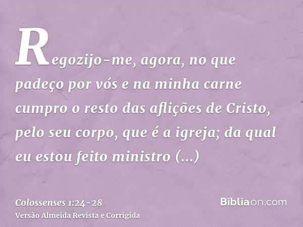 Regozijo-me, agora, no que padeço por vós e na minha carne cumpro o resto das aflições de Cristo, pelo seu corpo, que é a igreja;da qual eu estou feito ministro