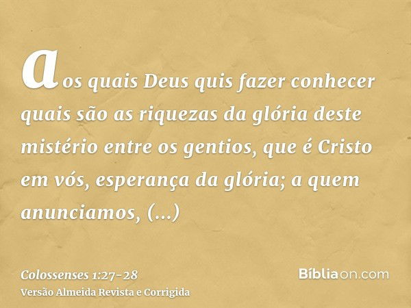 aos quais Deus quis fazer conhecer quais são as riquezas da glória deste mistério entre os gentios, que é Cristo em vós, esperança da glória;a quem anunciamos, 