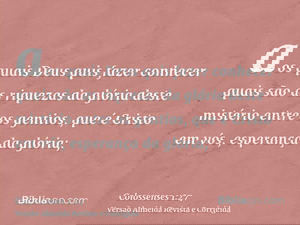 aos quais Deus quis fazer conhecer quais são as riquezas da glória deste mistério entre os gentios, que é Cristo em vós, esperança da glória;