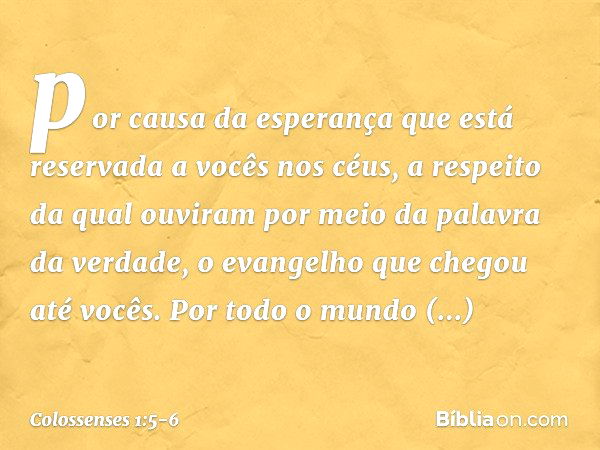 por causa da esperança que está reservada a vocês nos céus, a respeito da qual ouviram por meio da palavra da verdade, o evangelho que chegou até vocês. Por tod