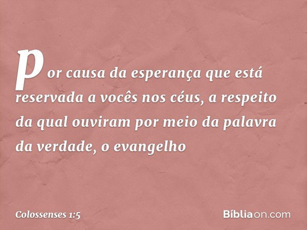 por causa da esperança que está reservada a vocês nos céus, a respeito da qual ouviram por meio da palavra da verdade, o evangelho -- Colossenses 1:5