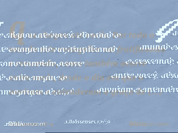 que chegou até vocês. Por todo o mundo este evangelho vai frutificando e crescendo, como também ocorre entre vocês, desde o dia em que o ouviram e entenderam a