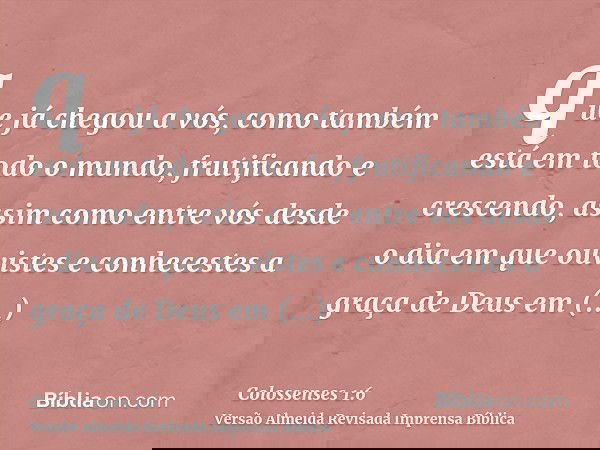 que já chegou a vós, como também está em todo o mundo, frutificando e crescendo, assim como entre vós desde o dia em que ouvistes e conhecestes a graça de Deus