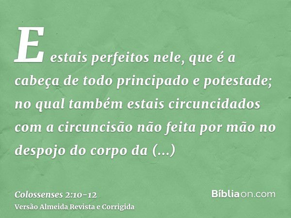 E estais perfeitos nele, que é a cabeça de todo principado e potestade;no qual também estais circuncidados com a circuncisão não feita por mão no despojo do cor