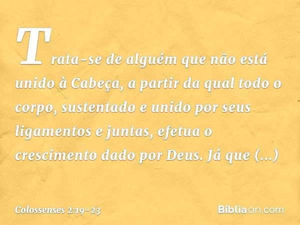 Trata-se de alguém que não está unido à Cabeça, a partir da qual todo o corpo, sustentado e unido por seus ligamentos e juntas, efetua o crescimento dado por De