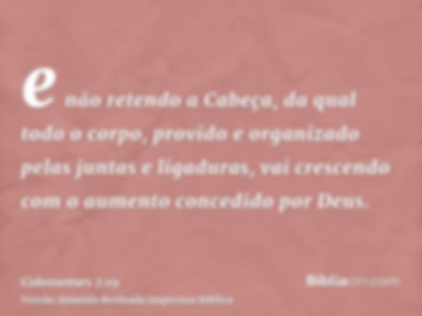 e não retendo a Cabeça, da qual todo o corpo, provido e organizado pelas juntas e ligaduras, vai crescendo com o aumento concedido por Deus.