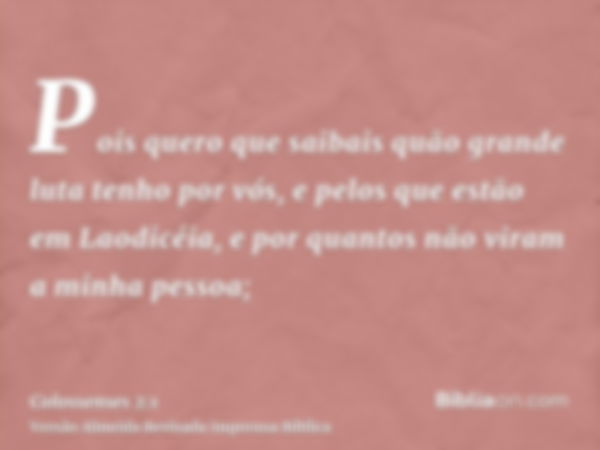 Pois quero que saibais quão grande luta tenho por vós, e pelos que estão em Laodicéia, e por quantos não viram a minha pessoa;