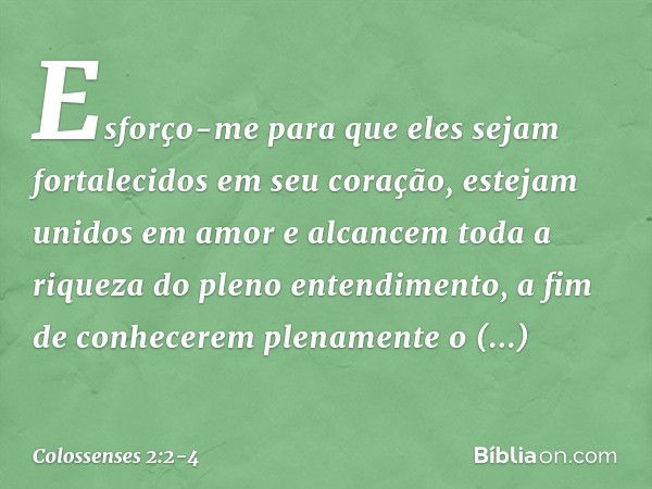 Esforço-me para que eles sejam fortalecidos em seu coração, estejam unidos em amor e alcancem toda a riqueza do pleno entendimento, a fim de conhecerem plenamen