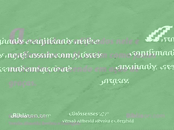 arraigados e edificados nele e confirmados na fé, assim como fostes ensinados, crescendo em ação de graças.