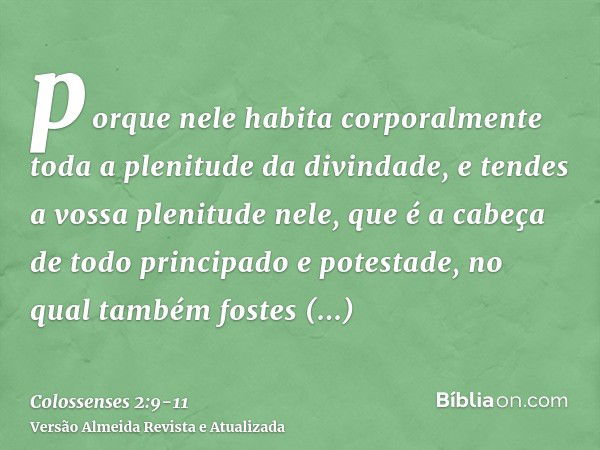 porque nele habita corporalmente toda a plenitude da divindade,e tendes a vossa plenitude nele, que é a cabeça de todo principado e potestade,no qual também fos