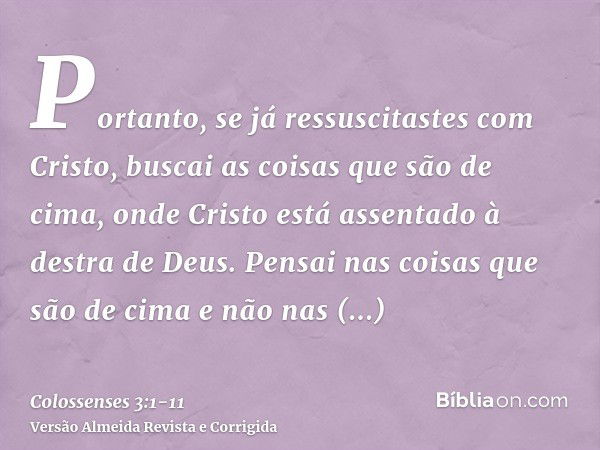 Portanto, se já ressuscitastes com Cristo, buscai as coisas que são de cima, onde Cristo está assentado à destra de Deus.Pensai nas coisas que são de cima e não