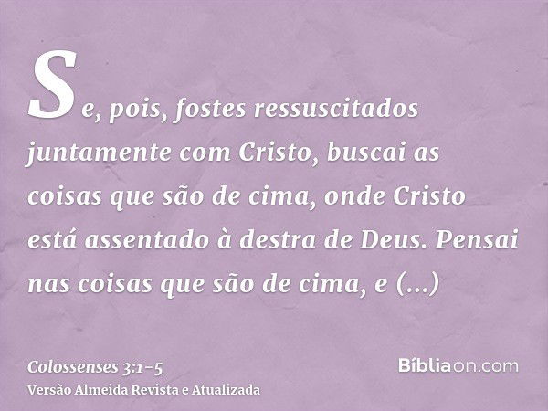 Se, pois, fostes ressuscitados juntamente com Cristo, buscai as coisas que são de cima, onde Cristo está assentado à destra de Deus.Pensai nas coisas que são de