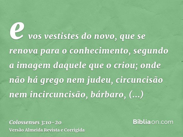 e vos vestistes do novo, que se renova para o conhecimento, segundo a imagem daquele que o criou;onde não há grego nem judeu, circuncisão nem incircuncisão, bár