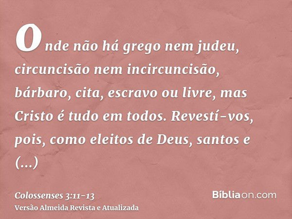 onde não há grego nem judeu, circuncisão nem incircuncisão, bárbaro, cita, escravo ou livre, mas Cristo é tudo em todos.Revestí-vos, pois, como eleitos de Deus,