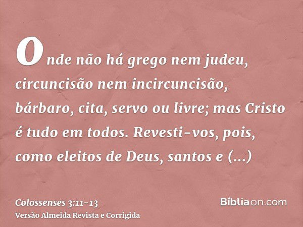 onde não há grego nem judeu, circuncisão nem incircuncisão, bárbaro, cita, servo ou livre; mas Cristo é tudo em todos.Revesti-vos, pois, como eleitos de Deus, s