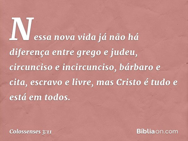 Nessa nova vida já não há diferença entre grego e judeu, circunciso e incircunciso, bárbaro e cita, escravo e livre, mas Cristo é tudo e está em todos. -- Colos