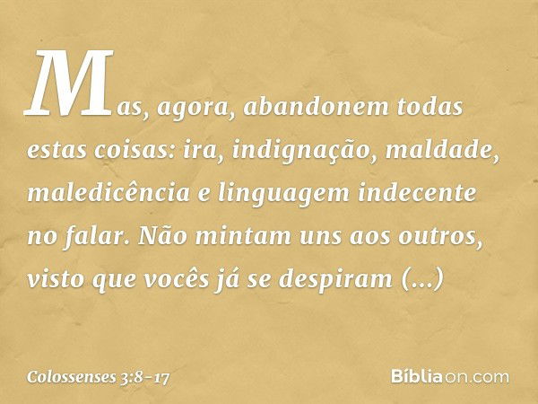 Mas, agora, abandonem todas estas coisas: ira, indignação, maldade, maledicência e linguagem indecente no falar. Não mintam uns aos outros, visto que vocês já s