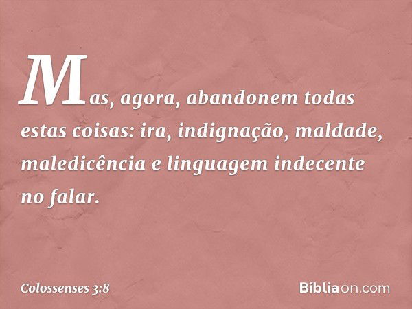 Mas, agora, abandonem todas estas coisas: ira, indignação, maldade, maledicência e linguagem indecente no falar. -- Colossenses 3:8