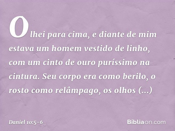 Olhei para cima, e diante de mim estava um homem vestido de linho, com um cinto de ouro puríssimo na cintura. Seu corpo era como berilo, o rosto como relâmpago,