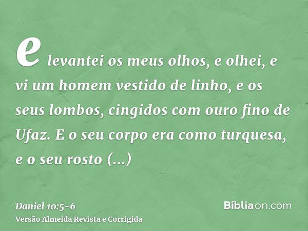 e levantei os meus olhos, e olhei, e vi um homem vestido de linho, e os seus lombos, cingidos com ouro fino de Ufaz.E o seu corpo era como turquesa, e o seu ros