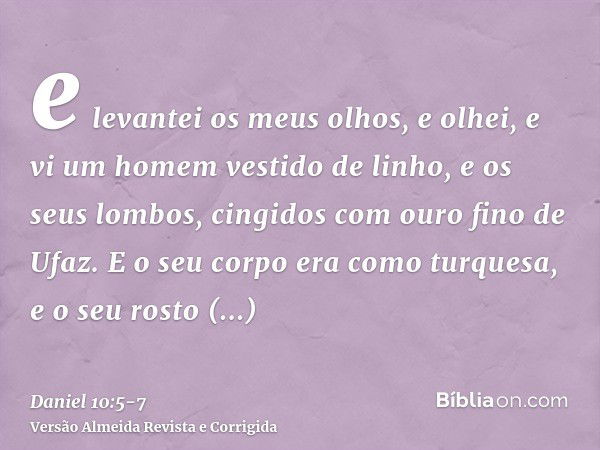 e levantei os meus olhos, e olhei, e vi um homem vestido de linho, e os seus lombos, cingidos com ouro fino de Ufaz.E o seu corpo era como turquesa, e o seu ros