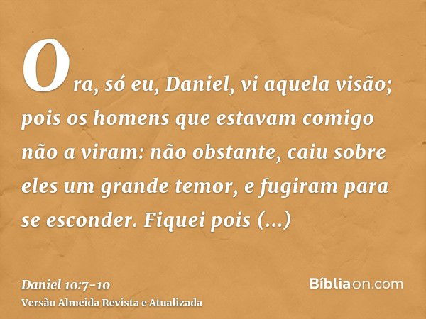 Ora, só eu, Daniel, vi aquela visão; pois os homens que estavam comigo não a viram: não obstante, caiu sobre eles um grande temor, e fugiram para se esconder.Fi