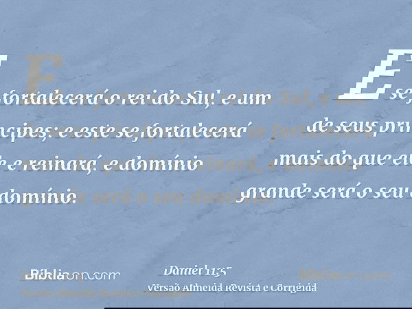 E se fortalecerá o rei do Sul, e um de seus príncipes; e este se fortalecerá mais do que ele e reinará, e domínio grande será o seu domínio.