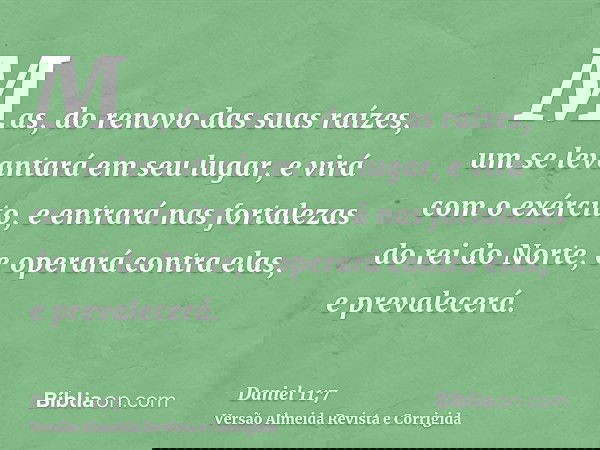 Mas, do renovo das suas raízes, um se levantará em seu lugar, e virá com o exército, e entrará nas fortalezas do rei do Norte, e operará contra elas, e prevalec