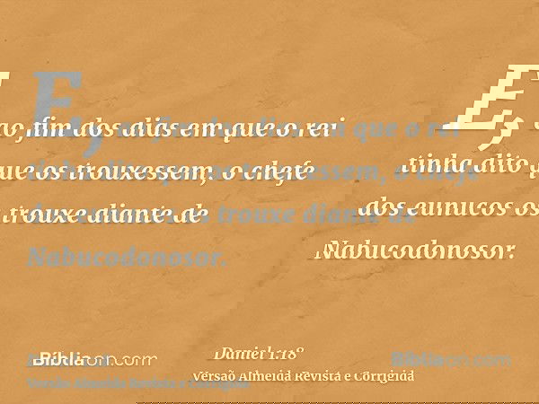 E, ao fim dos dias em que o rei tinha dito que os trouxessem, o chefe dos eunucos os trouxe diante de Nabucodonosor.