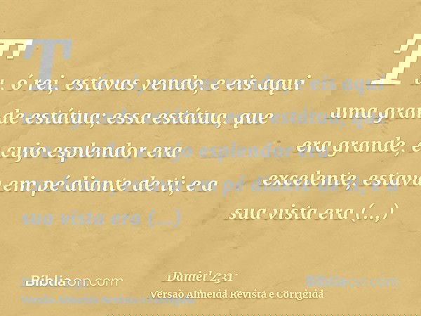 Tu, ó rei, estavas vendo, e eis aqui uma grande estátua; essa estátua, que era grande, e cujo esplendor era excelente, estava em pé diante de ti; e a sua vista