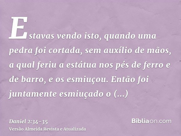 Estavas vendo isto, quando uma pedra foi cortada, sem auxílio de mãos, a qual feriu a estátua nos pés de ferro e de barro, e os esmiuçou.Então foi juntamente es