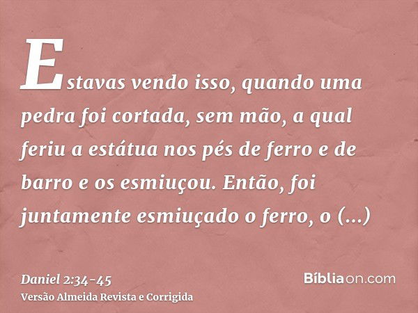 Estavas vendo isso, quando uma pedra foi cortada, sem mão, a qual feriu a estátua nos pés de ferro e de barro e os esmiuçou.Então, foi juntamente esmiuçado o fe