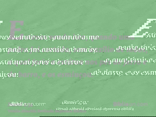 Estavas vendo isto, quando uma pedra foi cortada, sem auxílio de mãos, a qual feriu a estátua nos pés de ferro e de barro, e os esmiuçou.