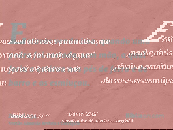 Estavas vendo isso, quando uma pedra foi cortada, sem mão, a qual feriu a estátua nos pés de ferro e de barro e os esmiuçou.