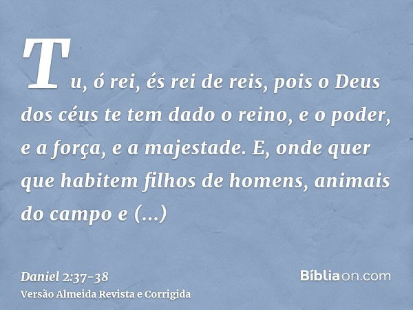 Tu, ó rei, és rei de reis, pois o Deus dos céus te tem dado o reino, e o poder, e a força, e a majestade.E, onde quer que habitem filhos de homens, animais do c