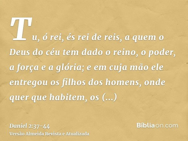 Tu, ó rei, és rei de reis, a quem o Deus do céu tem dado o reino, o poder, a força e a glória;e em cuja mão ele entregou os filhos dos homens, onde quer que hab