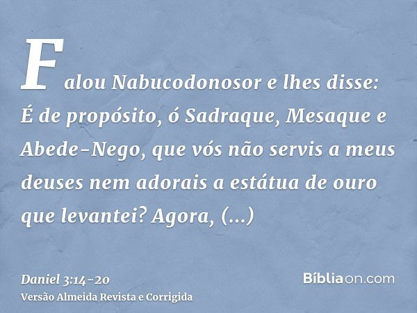 Falou Nabucodonosor e lhes disse: É de propósito, ó Sadraque, Mesaque e Abede-Nego, que vós não servis a meus deuses nem adorais a estátua de ouro que levantei?