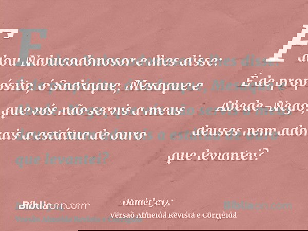 Falou Nabucodonosor e lhes disse: É de propósito, ó Sadraque, Mesaque e Abede-Nego, que vós não servis a meus deuses nem adorais a estátua de ouro que levantei?