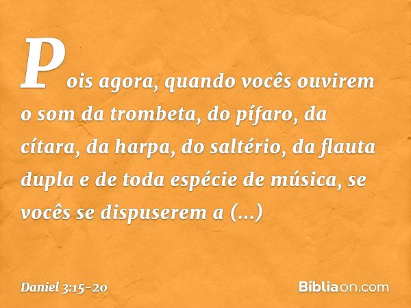 Pois agora, quan­do vocês ouvirem o som da trombeta, do pífaro, da cítara, da harpa, do saltério, da flauta dupla e de toda espécie de música, se vocês se dispu